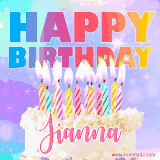 A vibrant animated name GIF with the words 'Happy Birthday Jianna' with colorful candles on a creamy cake. The background sparkles with pastel shades, adding a festive touch.