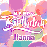 A vibrant name GIF featuring colorful balloons in shades of pink, orange, and yellow with the bold text 'Happy Birthday Jianna' in festive fonts, creating a lively birthday vibe.