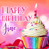 A vibrant birthday GIF featuring a rainbow-colored cupcake topped with white frosting, sprinkles, and a lit candle. The text reads 'Happy Birthday Jiao' in bold pink and violet letters with white outline.
