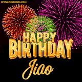 A golden 'Happy Birthday Jiao' message with vibrant fireworks in the background, creating a festive and celebratory vibe in this animated name GIF.