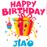 A vibrant and funny gift box character with a happy face dancing with a cupcake and the text 'Happy Birthday Jiao,' surrounded by animated confetti and party vibes.