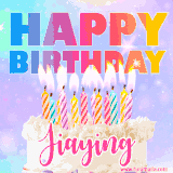 A vibrant animated name GIF with the words 'Happy Birthday Jiaying' with colorful candles on a creamy cake. The background sparkles with pastel shades, adding a festive touch.