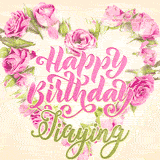 A stunning heart made of pink roses surrounds the elegant script text 'Happy Birthday Jiaying' on a soft beige background. Animated sparkles add a magical and festive feel.