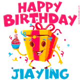A vibrant and funny gift box character with a happy face dancing with a cupcake and the text 'Happy Birthday Jiaying,' surrounded by animated confetti and party vibes.