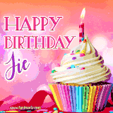 A vibrant birthday GIF featuring a rainbow-colored cupcake topped with white frosting, sprinkles, and a lit candle. The text reads 'Happy Birthday Jie' in bold pink and violet letters with white outline.
