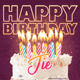 A colorful birthday cake topped with lit candles, with the words 'Happy Birthday Jie' in bold glowing letters on a burgundy background. Animated flames add a festive touch.