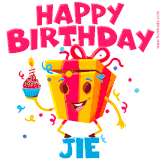 A vibrant and funny gift box character with a happy face dancing with a cupcake and the text 'Happy Birthday Jie,' surrounded by animated confetti and party vibes.