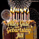 A chocolate birthday cake with glowing candles, the German text 'Alles Gute zum Geburtstag Jill,' and vibrant fireworks lighting up the background in an animated GIF.
