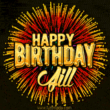 Golden 'Happy Birthday Jill' text accompanied by animated rainbow fireworks for a festive animated greeting.