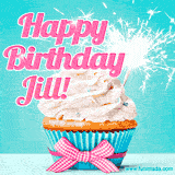 A festive cupcake with pink icing, a gingham bow, and a lit animated sparkler, paired with 'Happy Birthday Jill!' in bright pink text.