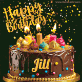 A delightful chocolate birthday cake with bright candles and 'Happy Birthday Jill' written in gold amidst a shower of animated stars.
