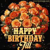 Animated bouquet of orange roses with moving butterfles and golden 'Happy Birthday Jill' text, surrounded by sparkling accents and a dark backdrop for a luxurious feel.