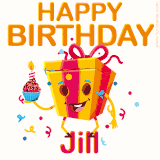 A vibrant and funny gift box character with a happy face dancing with a cupcake and the text 'Happy Birthday Jill,' surrounded by animated confetti and party vibes.