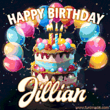 Bright birthday animation for Jillian with a chocolate cake, candles, balloons, and glowing celebratory lights.