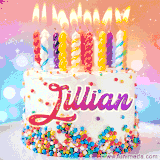 A cheerful white birthday cake with multicolor sprinkles, lit candles, and 'Jillian' written in vibrant letters, in an animated GIF.
