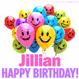 Animated colorful and joyful birthday balloons with cheerful smiles and a bright 'Happy Birthday Jillian!' message in pink and purple.