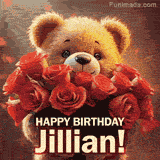 Cinematic style cute animated teddy bear with charming features holding a large bouquet of red roses, the words say 'Happy Birthday Jillian' in sans serif font.
