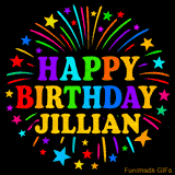 Personalized greeting card with name, colorful text that says 'Happy Birthday Jillian' surrounded by animated fireworks and multicolor stars