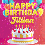 Pink-themed animated greeting with balloons, confetti, and a frosted cake under the message 'Happy Birthday Jillian' in bold rounded yellow font.