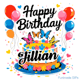 An animated birthday card for Jillian. It features a festive cake with her name, 'Jillian', and colorful butterflies. Floating balloons and hearts complete the joyful scene.