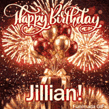 Happy Birthday Jillian animated GIF featuring a red present wrapped with a gold ribbon under spectacular fireworks.