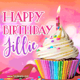 A vibrant birthday GIF featuring a rainbow-colored cupcake topped with white frosting, sprinkles, and a lit candle. The text reads 'Happy Birthday Jillie' in bold pink and violet letters with white outline.