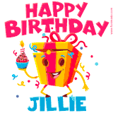 A vibrant and funny gift box character with a happy face dancing with a cupcake and the text 'Happy Birthday Jillie,' surrounded by animated confetti and party vibes.