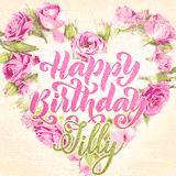 A stunning heart made of pink roses surrounds the elegant script text 'Happy Birthday Jilly' on a soft beige background. Animated sparkles add a magical and festive feel.