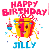 A vibrant and funny gift box character with a happy face dancing with a cupcake and the text 'Happy Birthday Jilly,' surrounded by animated confetti and party vibes.