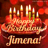 Beautifully decorated red velvet berry birthday cake with vibrant fruits and a glowing 'Jimena' name, adding a touch of sweetness and sparkle.