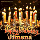 A glowing personalized birthday GIF with name Jimena featuring lit candles with intricate designs, warm lighting, and the text 'Happy Birthday' in an elegant font.