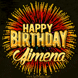 Golden 'Happy Birthday Jimena' text accompanied by animated rainbow fireworks for a festive animated greeting.