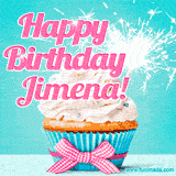 A festive cupcake with pink icing, a gingham bow, and a lit animated sparkler, paired with 'Happy Birthday Jimena!' in bright pink text.