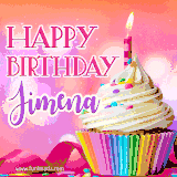 A vibrant birthday GIF featuring a rainbow-colored cupcake topped with white frosting, sprinkles, and a lit candle. The text reads 'Happy Birthday Jimena' in bold pink and violet letters with white outline.