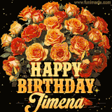 Animated bouquet of orange roses with moving butterfles and golden 'Happy Birthday Jimena' text, surrounded by sparkling accents and a dark backdrop for a luxurious feel.