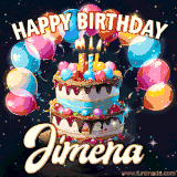 Bright birthday animation for Jimena with a chocolate cake, candles, balloons, and glowing celebratory lights.