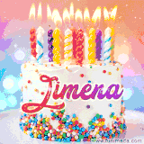A cheerful white birthday cake with multicolor sprinkles, lit candles, and 'Jimena' written in vibrant letters, in an animated GIF.
