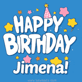 Colorful animated birthday card with the text 'HAPPY BIRTHDAY Jimena!' in a white playful font surrounded by stars, hearts, and a party hat on a blue background.
