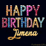 Vibrant luxury birthday greeting card for Jimena, showing glittering gemstone letters and golden calligraphy on a dark background with twinkling shine effects.