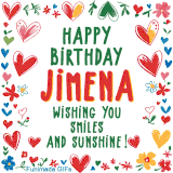 A colorful animated card for Jimena’s birthday featuring playful hearts, cheerful flowers, and a handwritten message wishing smiles and sunshine.
