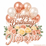 A bouquet of pastel roses and green leaves with Happy Birthday Jimena animation
