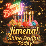 A rich chocolate frosted cake on a gold stand with glowing yellow candles, personalized with the name Jimena!