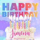 A vibrant animated name GIF with the words 'Happy Birthday Jimena' with colorful candles on a creamy cake. The background sparkles with pastel shades, adding a festive touch.