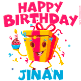 A vibrant and funny gift box character with a happy face dancing with a cupcake and the text 'Happy Birthday Jinan,' surrounded by animated confetti and party vibes.