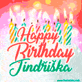 Bright birthday candles with rainbow flames on a cake, alongside the text 'Happy Birthday Jindřiška' in vibrant script in this celebratory animated GIF.