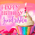 A vibrant birthday GIF featuring a rainbow-colored cupcake topped with white frosting, sprinkles, and a lit candle. The text reads 'Happy Birthday Jindřiška' in bold pink and violet letters with white outline.