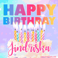 A vibrant animated name GIF with the words 'Happy Birthday Jindřiška' with colorful candles on a creamy cake. The background sparkles with pastel shades, adding a festive touch.
