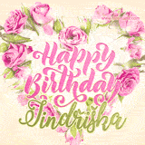 A stunning heart made of pink roses surrounds the elegant script text 'Happy Birthday Jindřiška' on a soft beige background. Animated sparkles add a magical and festive feel.