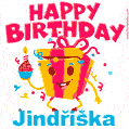 A vibrant and funny gift box character with a happy face dancing with a cupcake and the text 'Happy Birthday Jindřiška,' surrounded by animated confetti and party vibes.