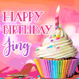 A vibrant birthday GIF featuring a rainbow-colored cupcake topped with white frosting, sprinkles, and a lit candle. The text reads 'Happy Birthday Jing' in bold pink and violet letters with white outline.